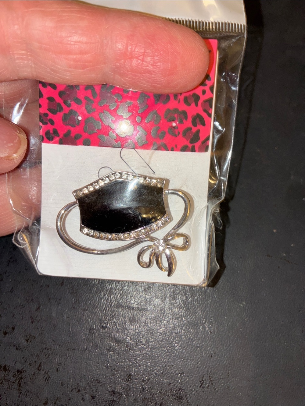Silver and Black Mask Brooch with Clear Crystal Accents - Doctors Mask. A Gift ?